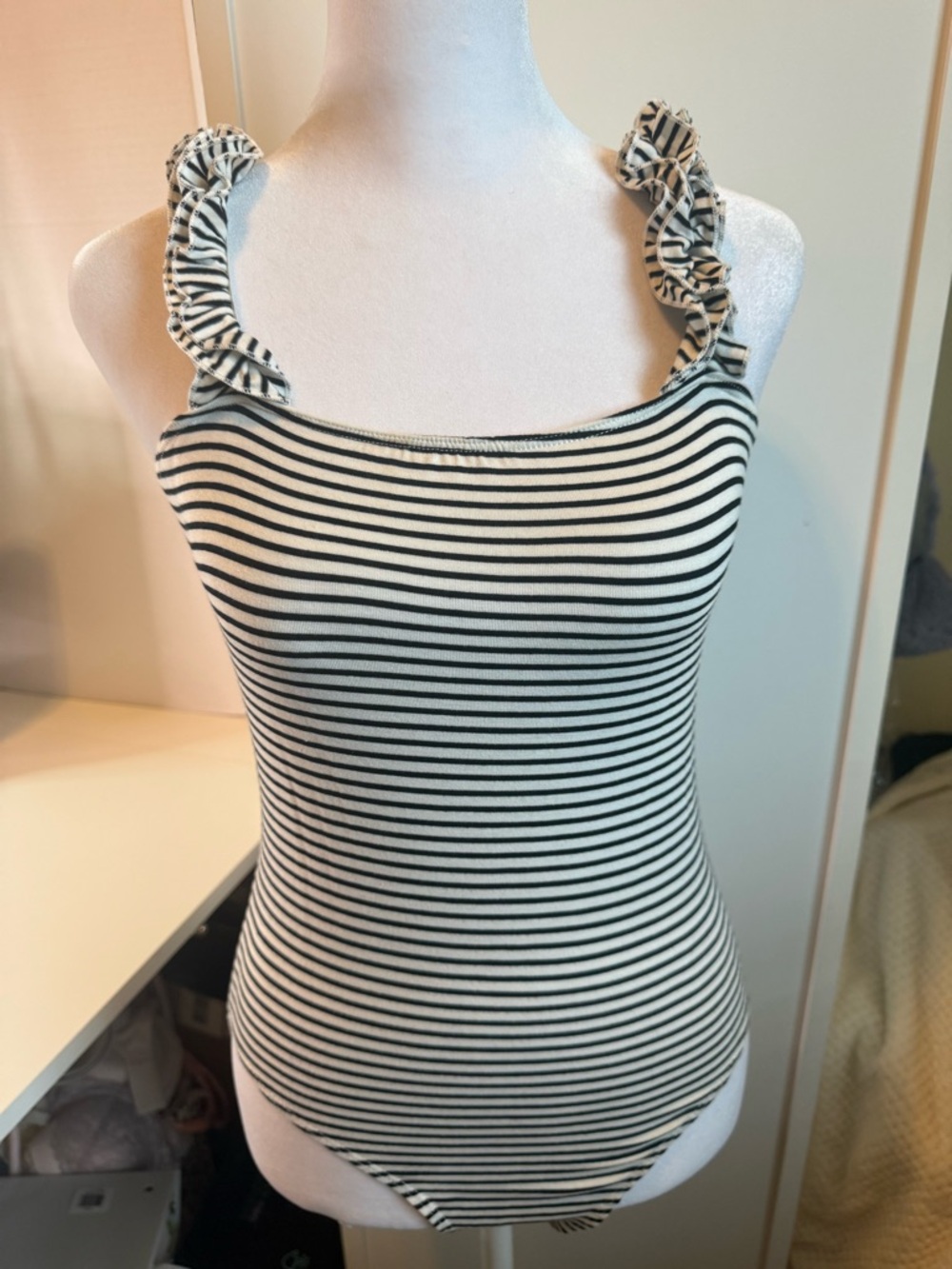 Wasabi + Mint Ruffle-Shoulder Tank Top Bodysuit in Black & White Striped  L